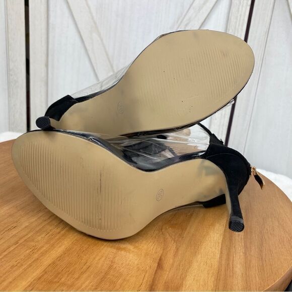 Bai Beiai Clear Peep Toe Heeled Ankle Boots PomPom Zipper Front Black 6 - Picture 9 of 12